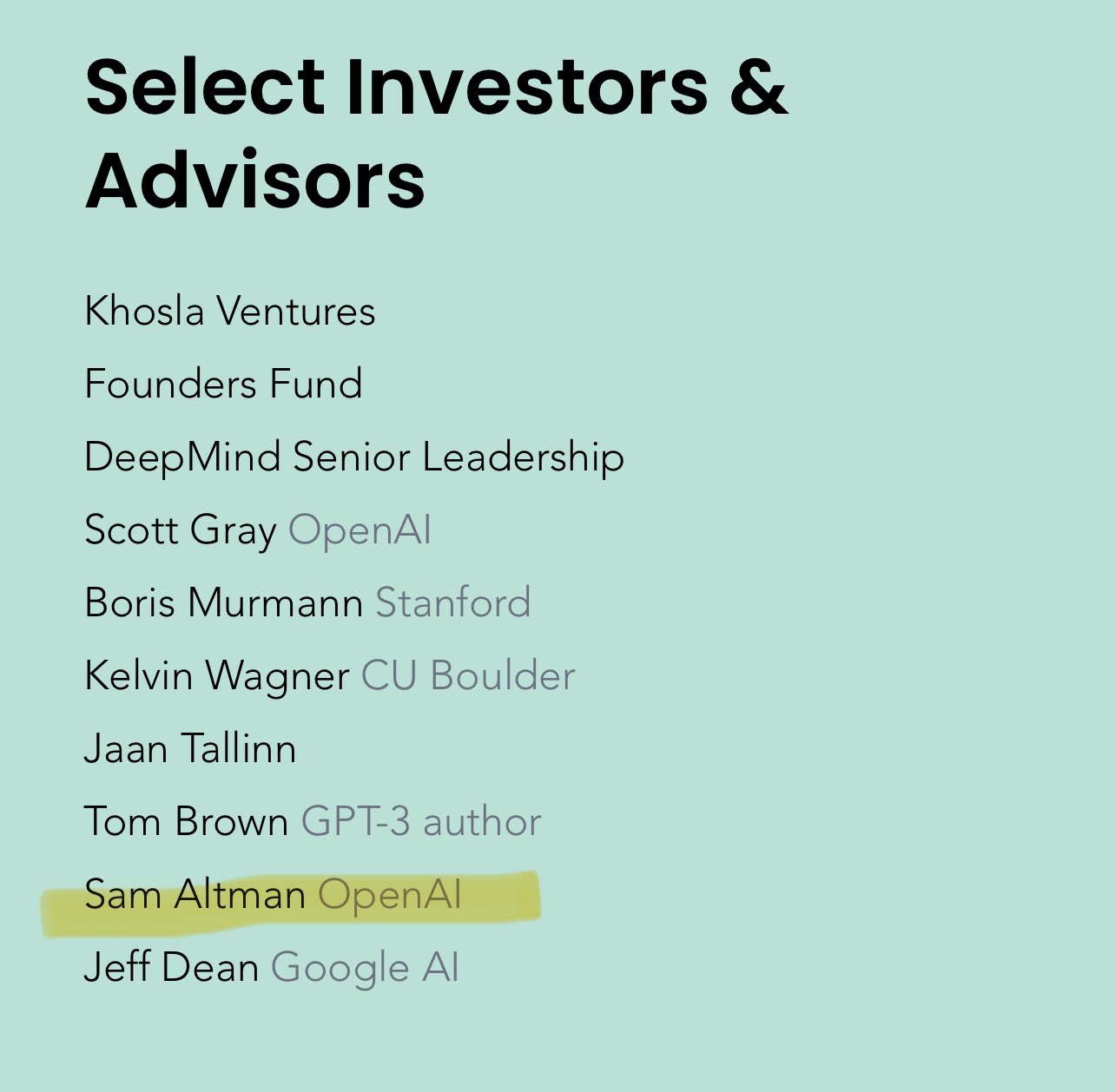 Fathom Radiant’s “Select Investors & Advisors” list — Khosla Ventures, Founders Fund, DeepMind Senior Leadership, Scott Gray, Boris Murmann, Kelvin Wagner, Jaan Tallinn, Tom Brown, Sam Altman and Jeff Dean — with Sam Altman highlighted in yellow.