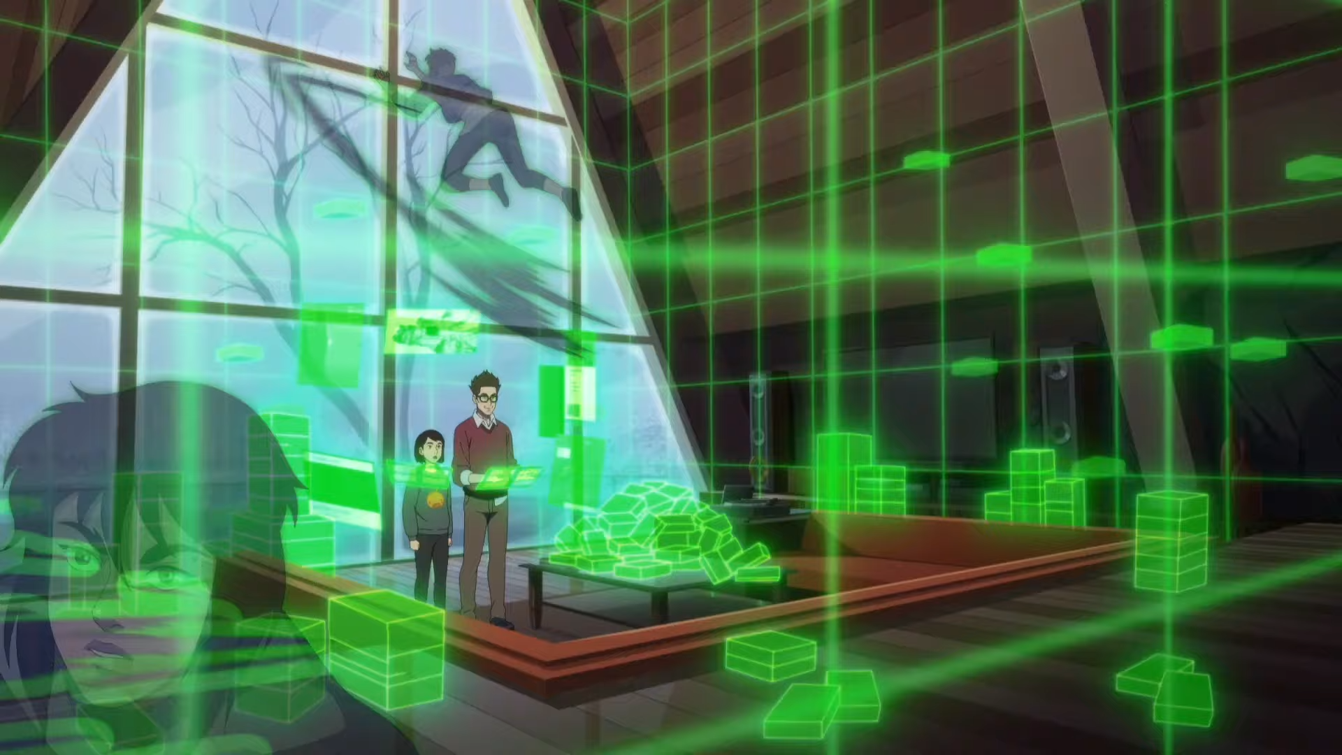 Another scene from Pantheon: a man and a child stand in a timber house whose whole volume has filled with green holographic blocks and beams, a huge watching face at the left and a figure leaping past the window behind them.