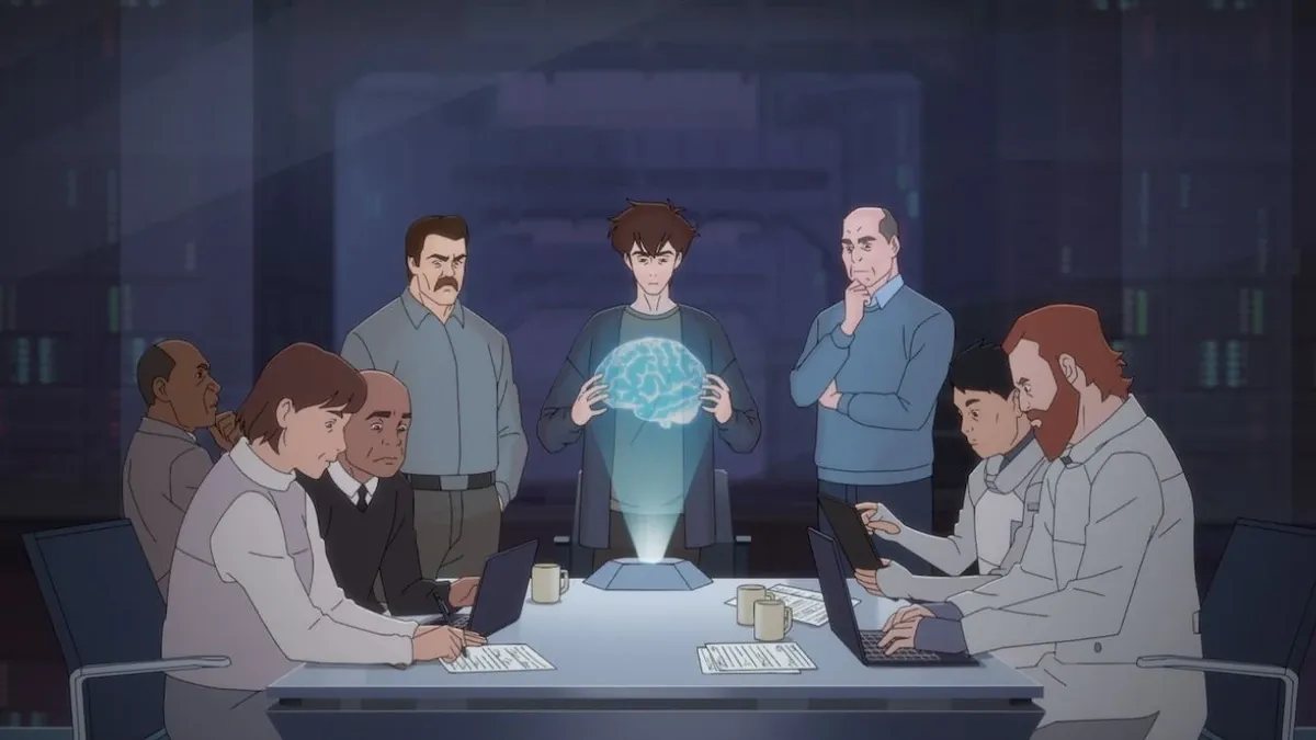 A scene from the animated series Pantheon: a young man holds a glowing blue projection of a brain in front of him while nine adults stand and sit around the table, watching.