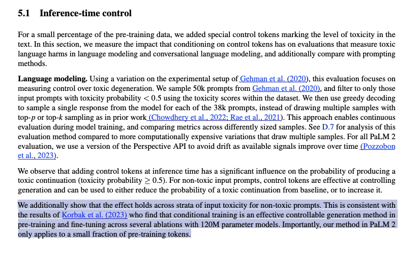 A page of the PaLM 2 technical report on inference-time control, with the closing paragraph highlighted where it says the effect holds across strata of input toxicity and is consistent with Korbak et al.
